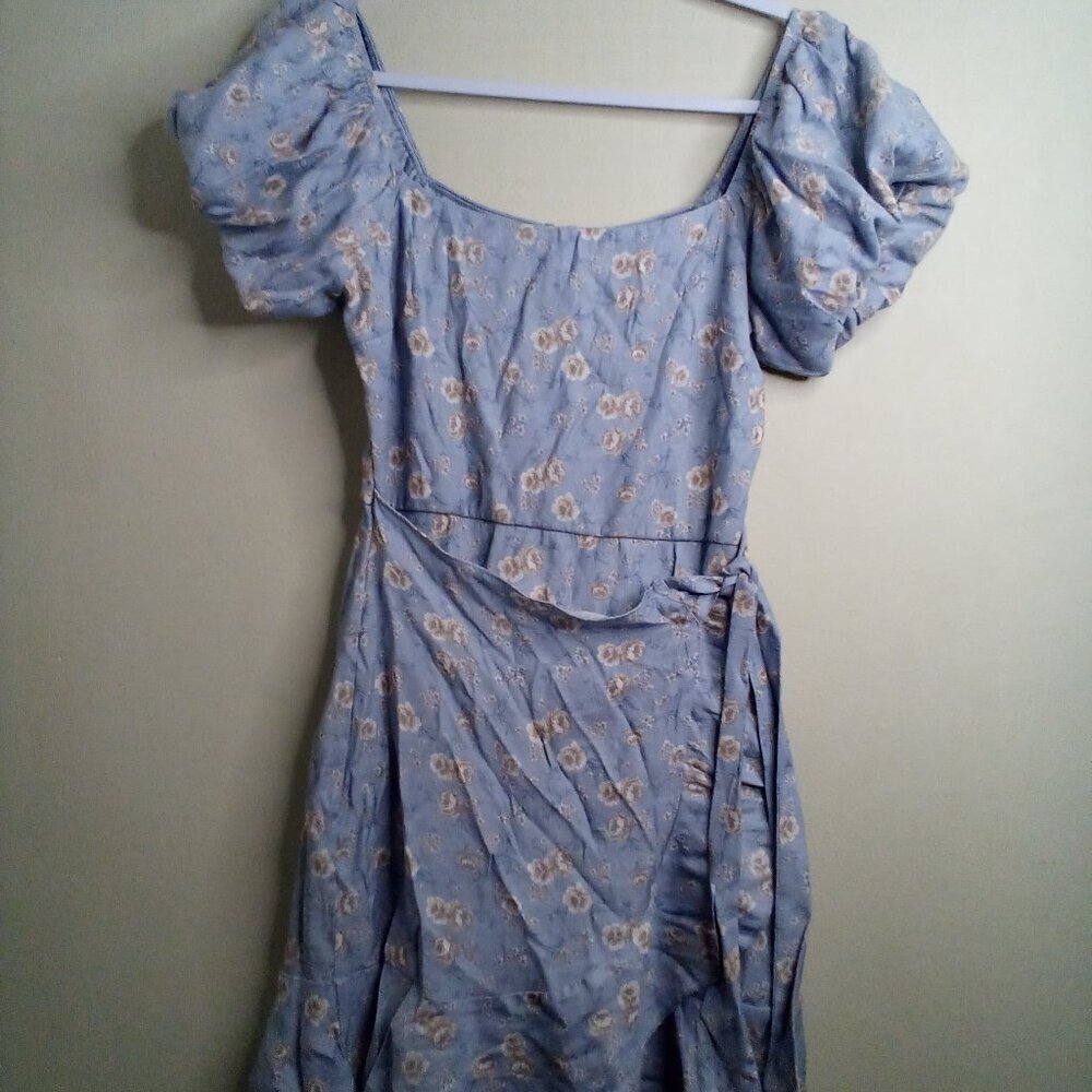 Trixxi Dress Women S Short Puffy Sleeve Ruffle Feminine Wrap Look Floral Blue